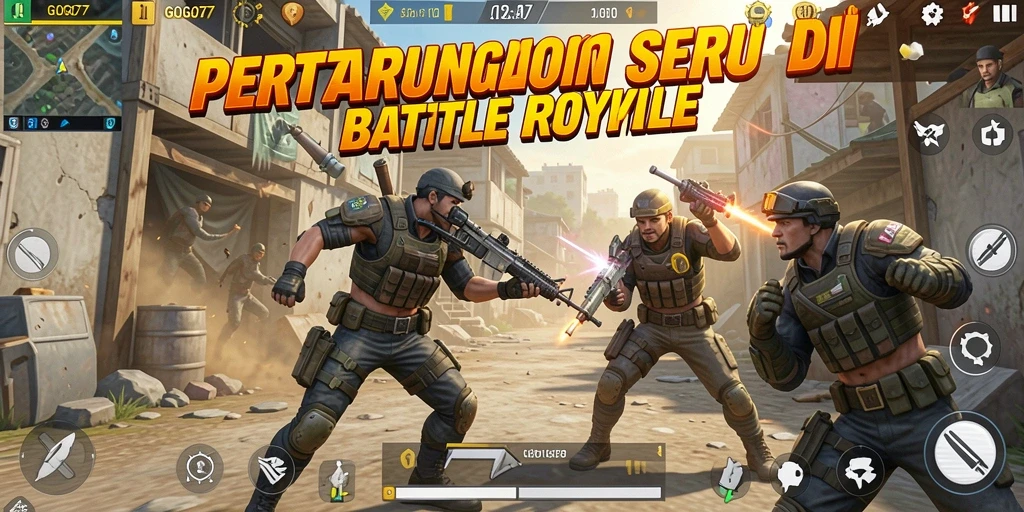 Tampilan gameplay GOGO77 saat pertempuran intens di arena Battle Royale.