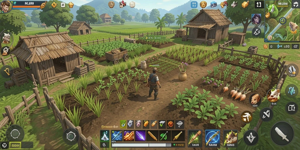 Screenshot gameplay MLBB8 menunjukkan aktivitas bertani yang seru.