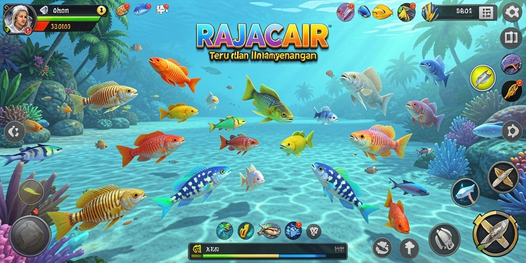 Gameplay RAJACAIR dengan berbagai ikan yang menarik untuk ditangkap.