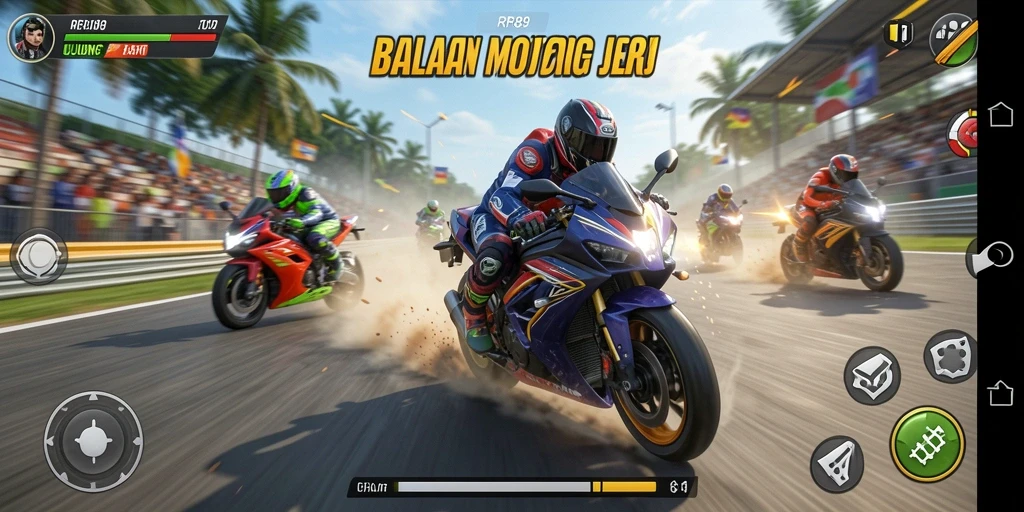 Screenshot gameplay RR89 menunjukkan aksi balapan motor yang mendebarkan.